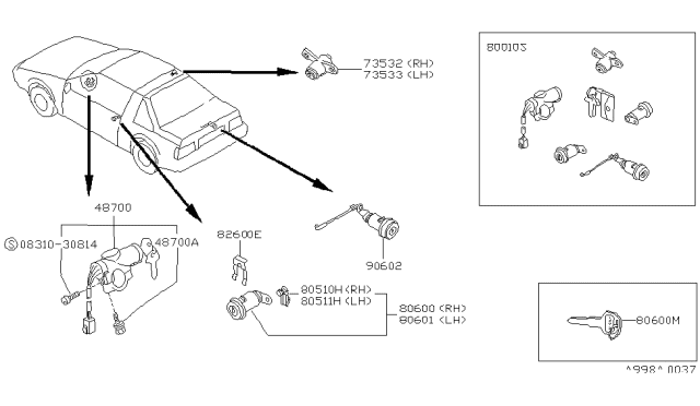 1989 Nissan Pulsar NX Key Set Cylinder Lock Diagram for 99810-04Y25