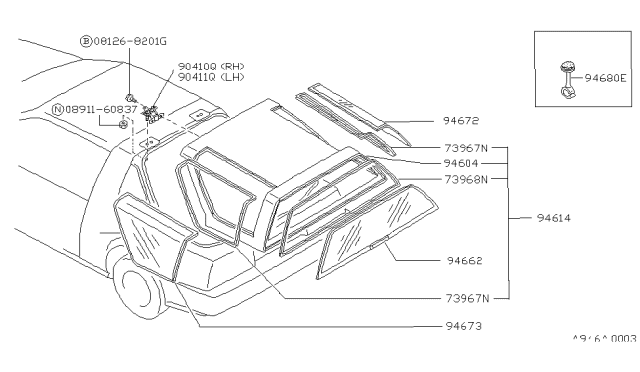 1988 Nissan Pulsar NX Glass-Side Window RH Diagram for 94670-80M00