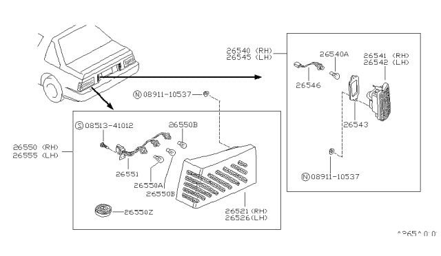 1990 Nissan Pulsar NX Lens-Combination Lamp LH Diagram for 26525-84M06