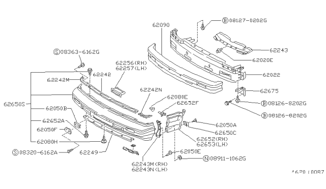 1989 Nissan Pulsar NX Front Bumper Assembly Diagram for 62022-80M25