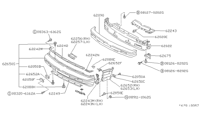 1989 Nissan Pulsar NX Grille Front Bumper LH Diagram for 62257-82M00