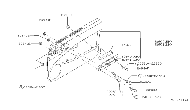 1988 Nissan Pulsar NX Front Door Armrest, Driver Side Diagram for 80941-80M01