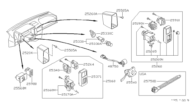 1990 Nissan Pulsar NX Bracket Passing Light Switch Diagram for 25167-84M00