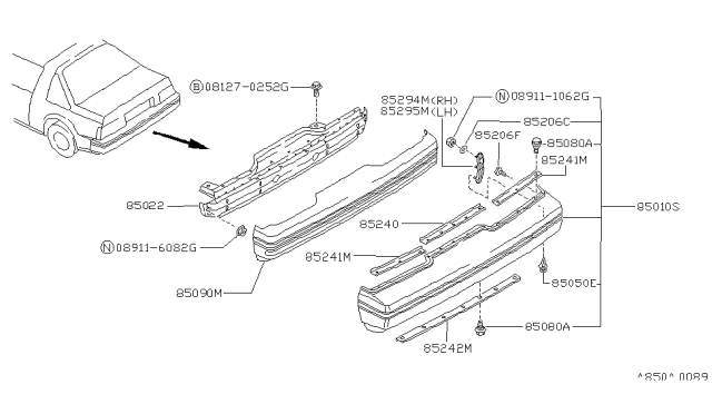 1988 Nissan Pulsar NX Rear Bumper Cover Diagram for 85022-80M25