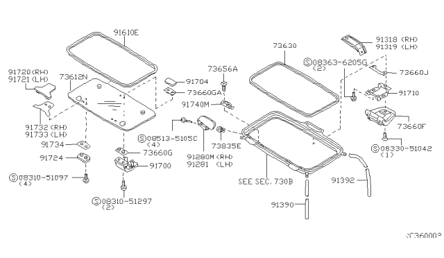 2000 Nissan Frontier Base Assy-Sunroof Handle Diagram for 91710-3S000