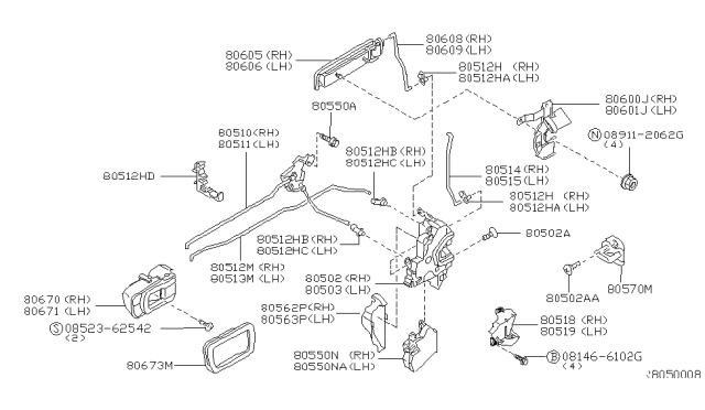 2001 Nissan Frontier Front Door Lock & Handle Diagram 3