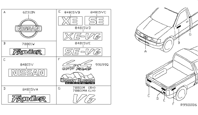 2001 Nissan Frontier Side Rear Emblem Diagram for 99099-7B800