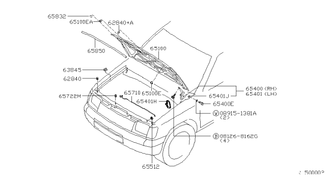 1998 Nissan Frontier Hood Panel,Hinge & Fitting Diagram