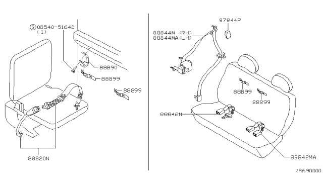 2001 Nissan Frontier Rear Seat Belt Set, 2Point Diagram for 88820-3S525