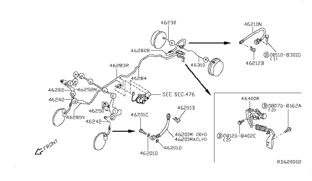 2004 Nissan Frontier Tube Assy-Brake,Master Cylinder To Front Diagram for 46250-1Z600