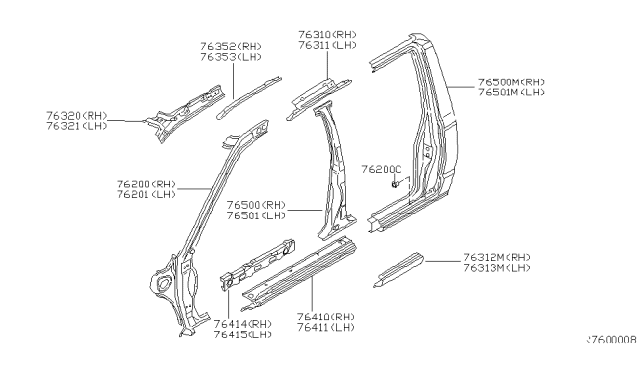 2001 Nissan Frontier Rail-Side Roof,Inner RH Diagram for 76304-8Z530