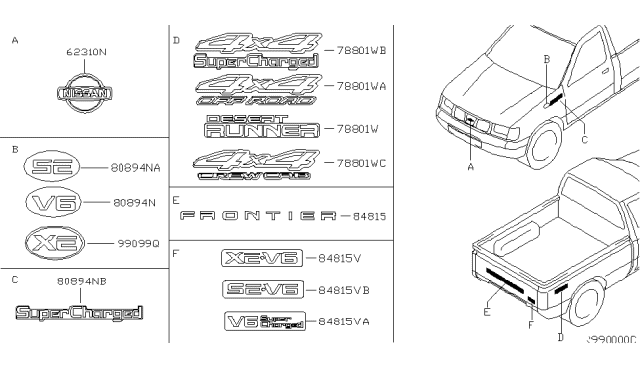 2001 Nissan Frontier Body Side Name Label Diagram for 99098-7B400