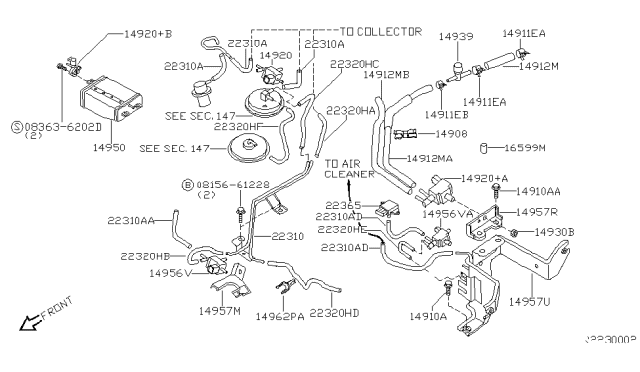 2001 Nissan Frontier Hose-Vacuum Control, B Diagram for 22320-4S107