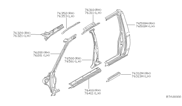 1999 Nissan Frontier Pillar Front RH Diagram for 76200-8B430