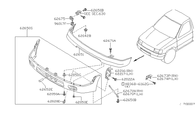 1999 Nissan Frontier Front Bumper Cover Diagram for 62012-3S525