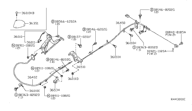 2001 Nissan Frontier Cable Assy-Parking Brake Diagram for 36400-3S500