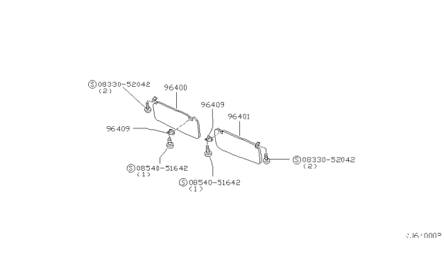 2000 Nissan Frontier Left Sun Visor Assembly Diagram for 96401-9Z260