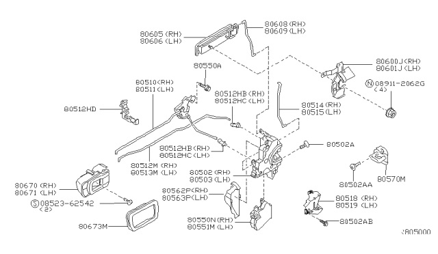 2004 Nissan Frontier Front Door Lock & Handle Diagram