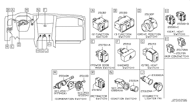 2017 Nissan Armada Switch Assy-3 Functions Diagram for 251B3-6GX0C