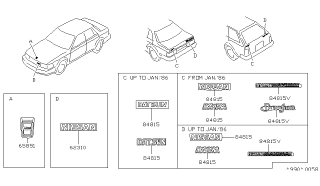 1986 Nissan Maxima Emblem & Name Label Diagram