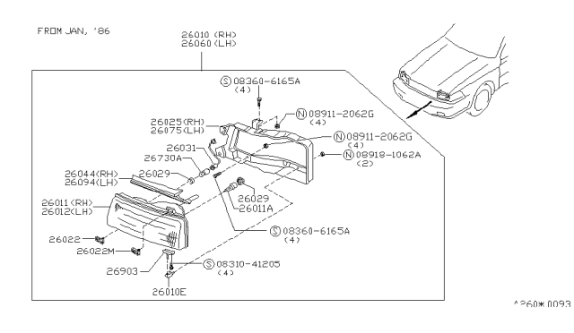 1986 Nissan Maxima Headlamp Unit Diagram for 26065-15E10