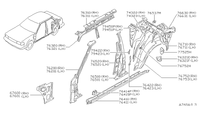 1986 Nissan Maxima Panel-WHEELHOUSE RH Diagram for 76754-01E00