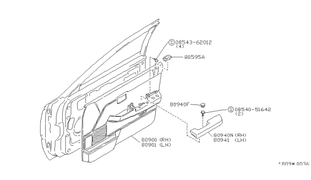 1988 Nissan Maxima FINISHER Assembly-Front Door LH BRN Diagram for 80901-38E11