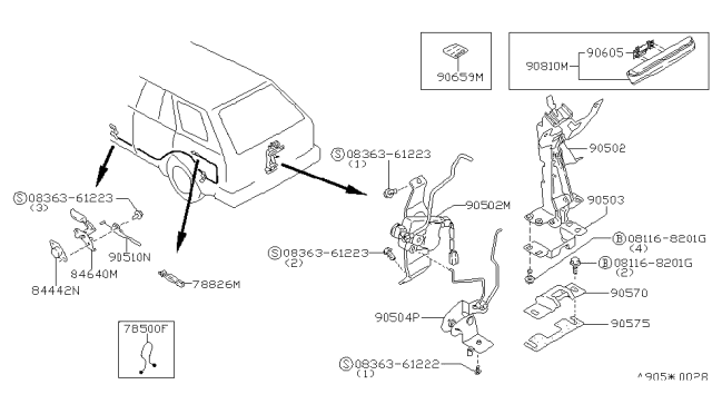 1986 Nissan Maxima Back Door Handle Assembly Diagram for 90606-39E00