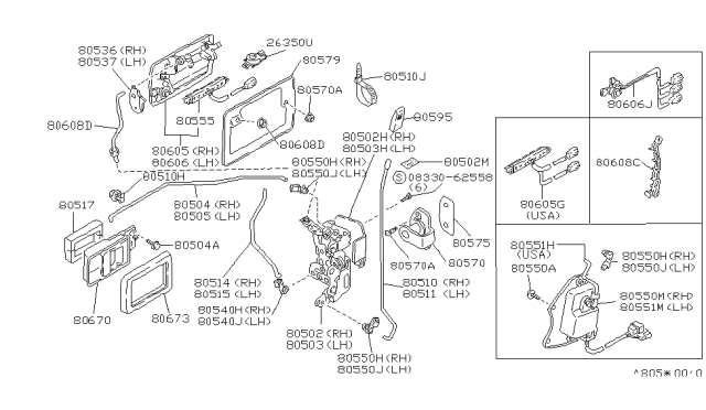 1988 Nissan Maxima Rear Door Inside Handle Assembly, Right Diagram for 80670-01E10