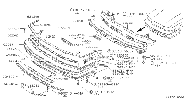 1985 Nissan Maxima SPACR Bumper RH Diagram for 62084-15E00