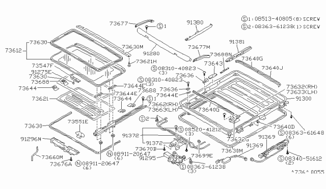 1986 Nissan Maxima Glass Sunroof Diagram for 73610-D4010