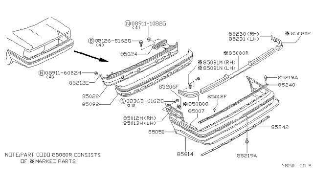 1987 Nissan Maxima Shield Sight Rear Bumper LH Diagram for 85283-28E00