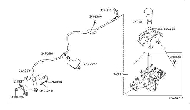 2007 Nissan Altima Knob Assy-Control Lever,Auto Diagram for 34910-JA00B